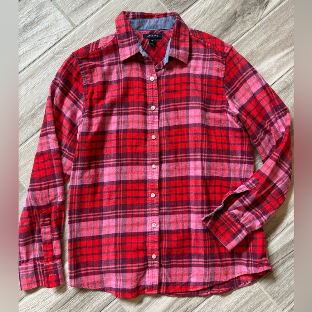 Lands End pink and red flannel size M (10-12)